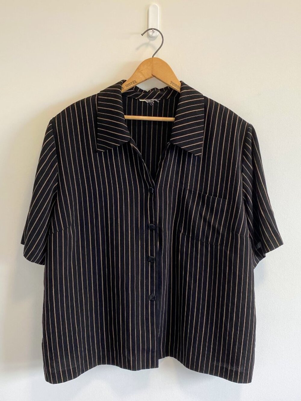 Vintage Black + Beige Striped Short Sleeve Button Down Blouse / 90s